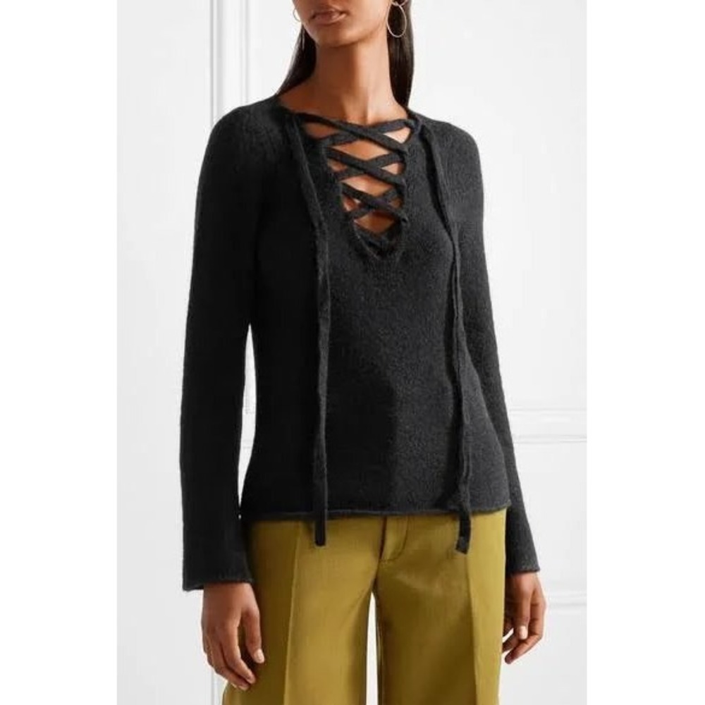 L'AGENCE Candela‎ Black Lace-Up Sweater Alpaca Wool Size XS